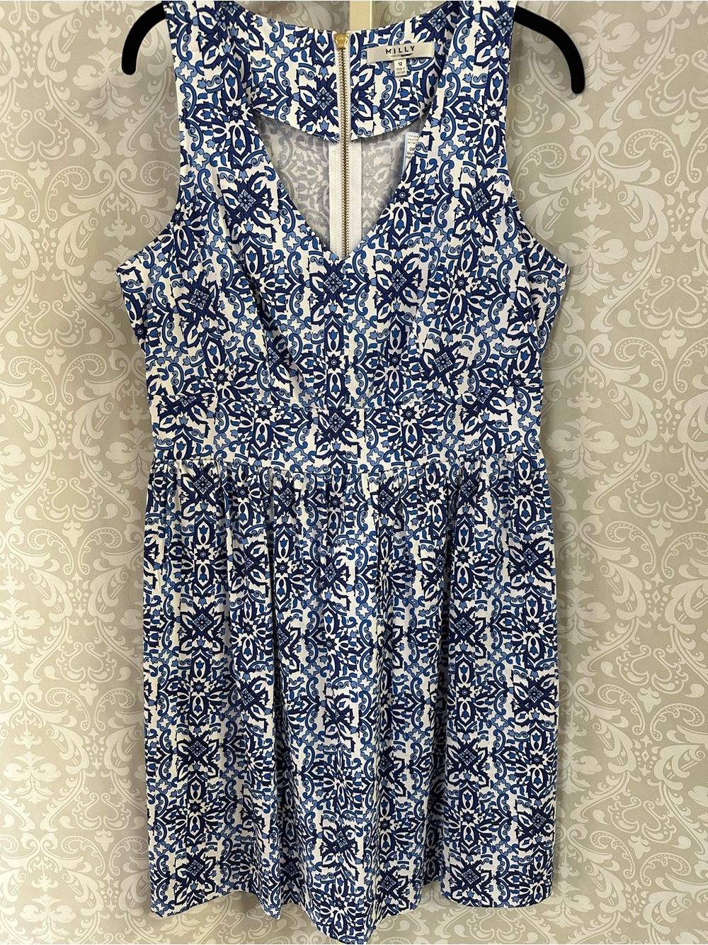 Milly Haddy Blue & White Printed pleated Sleeveless V-Neck Midi Dress